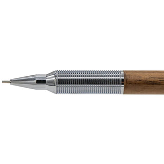 Mechanical pencil close-up showing ridged metal grip and pointed lead tip
