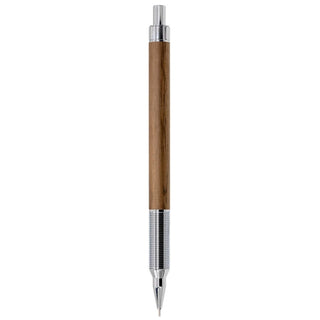 Standing mechanical pencil with light wood barrel and ridged silver grip