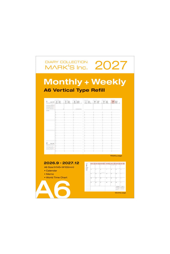 A6 weekly vertical planner refill package showing 2027 monthly and weekly layout