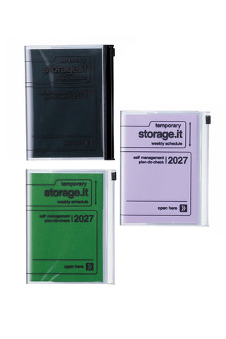 Black vertical weekly planner with storage.it cover and 2027 label, clip binder.