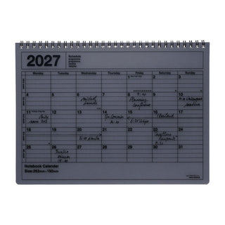 Spiral-bound B5 notebook calendar, 2027 monthly grid, dark cover