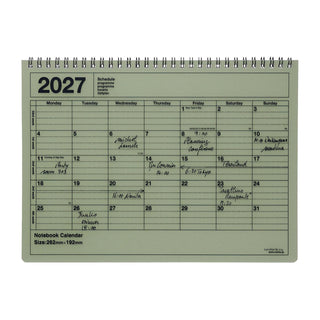 Spiral-bound B5 notebook calendar, 2027 monthly grid, khaki cover