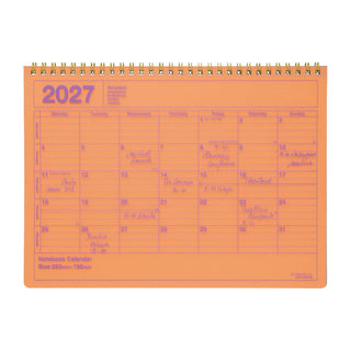 Spiral-bound B5 notebook calendar, 2027 monthly grid, neon orange cover