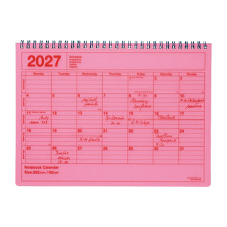 Spiral-bound B5 notebook calendar, 2027 monthly grid, neon pink cover