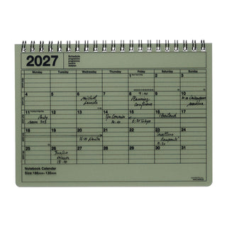 2027 notebook calendar page with green cover, spiral binding, weekly date grid