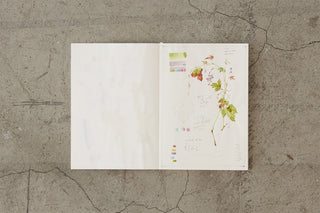Cotton notebook open with blank left page and a botanical floral illustration on right.