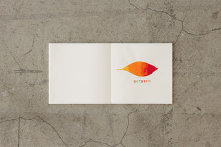 Cotton notebook open spread with an orange October graphic on the right page.