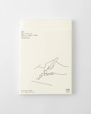 MD notebook front cover with 2027 text, line-art doodle, and MD logo