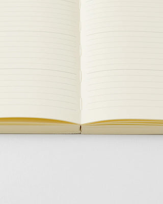 MD notebook open pages with ruled lines and yellowed outer paper edge