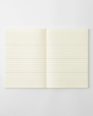 MD notebook with two-page spread of horizontal ruled writing lines