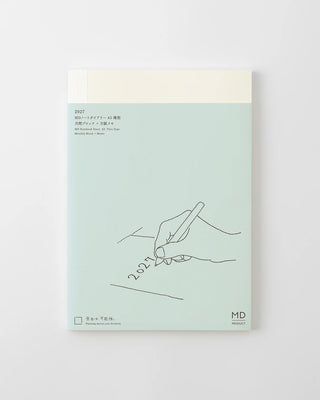 MD notebook 2027 monthly thin planner cover, light teal with line illustration and MD mark