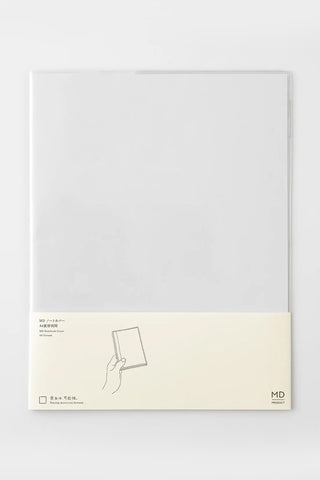 Clear notebook cover with beige bottom label and simple hand-drawn icon.