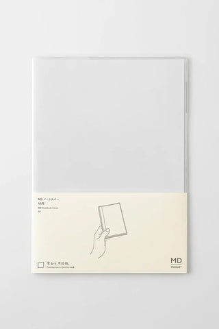 Clear notebook cover with beige instruction strip and MD logo at the bottom right.