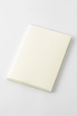 Pale yellow notebook with clear cover, shown at an angled view.