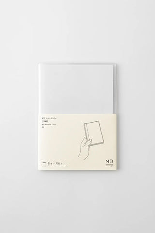 Clear notebook cover with beige instruction strip and MD logo on the front.