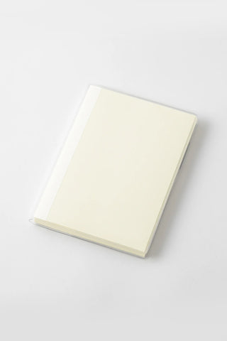 Clear notebook cover with off-white pages, rectangular protective sheath