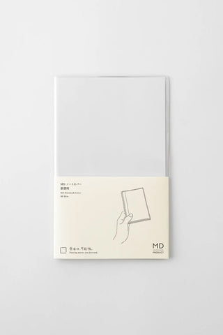 Clear notebook cover with beige label strip, hand-drawn icon, and MD branding.