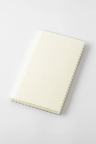 Pale yellow notebook pages under a clear cover, side view with rounded corners.