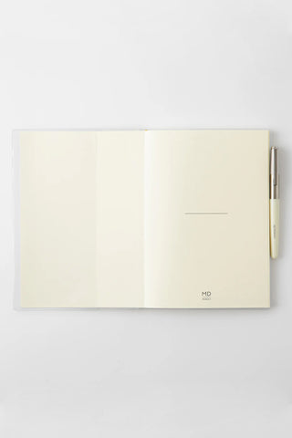 Cream open A5 journal with left blank pages and right card slot panel