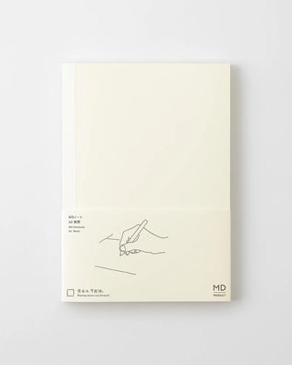 MD blank notebook open, cream pages with line-art sketch and MD logo