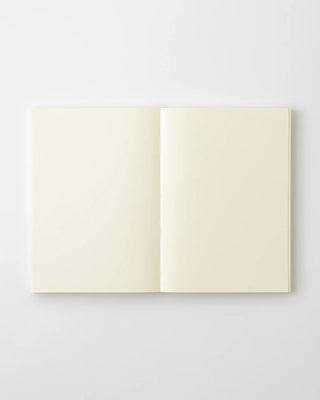 Open MD blank notebook, two cream pages spread flat, stitched spine visible.