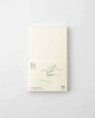 MD blank notebook, cream cover with sketch graphic and small text details.