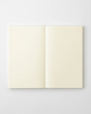 Open cream blank notebook pages, view straight on showing full spread.
