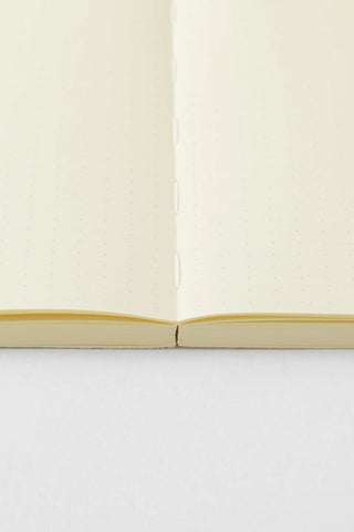 Open cream notebook showing stitched binding and dot grid page spread