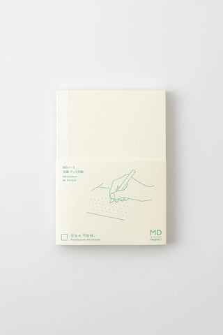 Cream dot grid notebook front cover with line drawing and MD logo