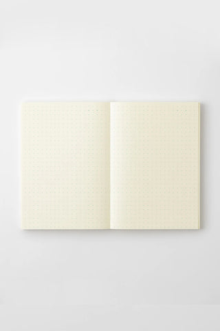 Cream dot grid notebook opened flat, showing left and right page panels