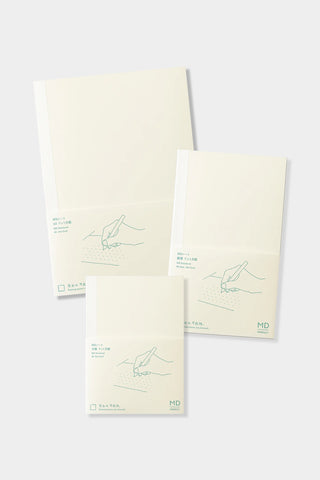 Set of three cream notebooks with line drawings and MD logo