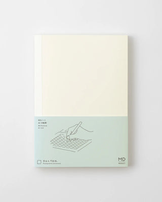MD grid notebook cover, cream front with teal band and line illustration
