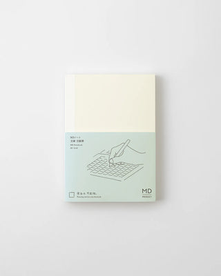 MD grid notebook cover, cream front with teal band and calculator line art