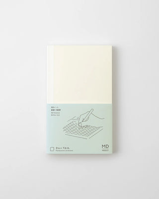 MD grid notebook, cream cover with teal band and line illustration of calculator
