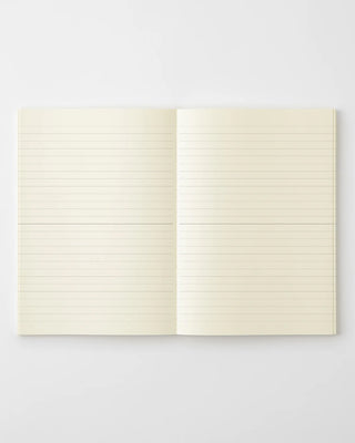 Lined notebook open flat, cream pages with horizontal ruled lines across both sides.