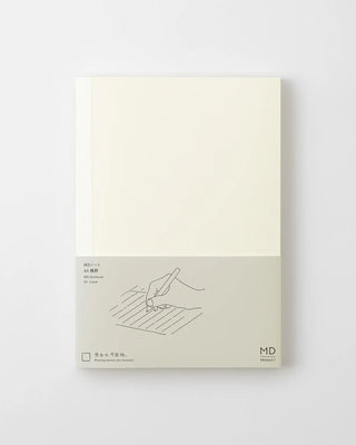 MD lined notebook closed, cream cover with hand-writing line art and MD mark.