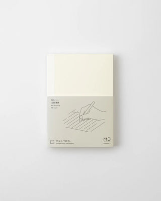 MD lined notebook with cream cover, pen-and-writing illustration, and MD logo.