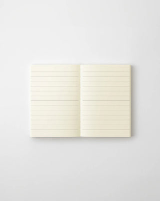 Lined notebook open spread, cream pages with horizontal ruled writing lines.