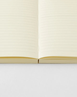 Lined notebook open flat, showing ruled pages and pale yellow page edges.