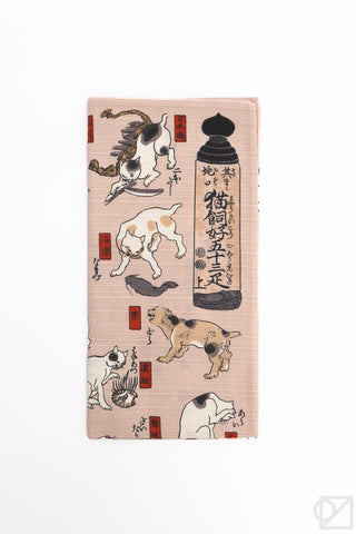Kuniyoshi cats furoshiki, folded cloth with illustrated cats and Japanese-style red seals