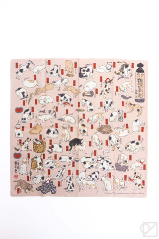 Kuniyoshi cats furoshiki flat, light pink with many cartoon cats and red stamp details