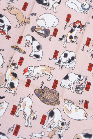 Kuniyoshi cats furoshiki close-up, light pink fabric with cats and red seal icons