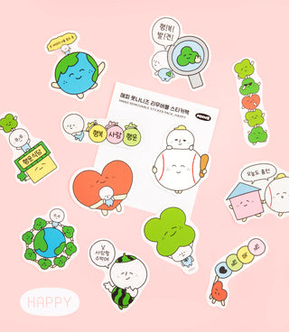 Assorted cute cartoon removable stickers with faces, hearts, and animals on a sheet