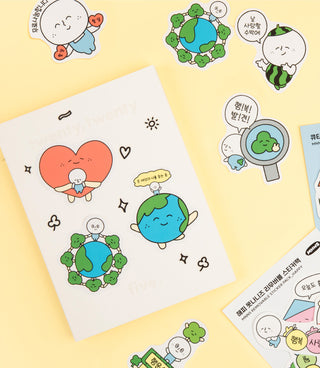 Removable sticker pack with cute character and heart globe designs on sheets