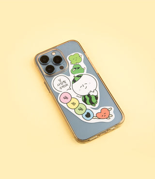 Cute cartoon sticker on a phone case with small character graphics