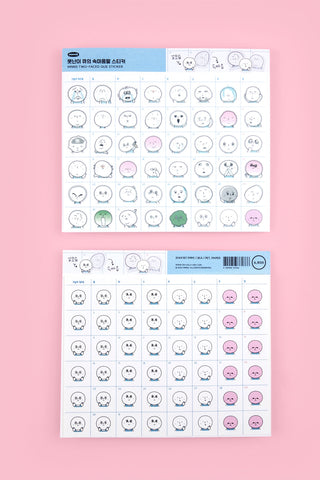 Two-faced character sticker sheet with round smiley faces in pastel colors