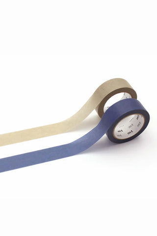 Upcycle masking tapes, light beige and dark blue rolls with printed cores