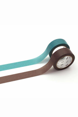 Upcycle masking tapes, teal and brown rolls with printed cores