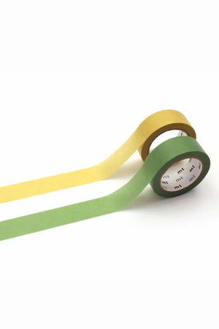 Upcycle masking tapes, yellow and green rolls with printed cores