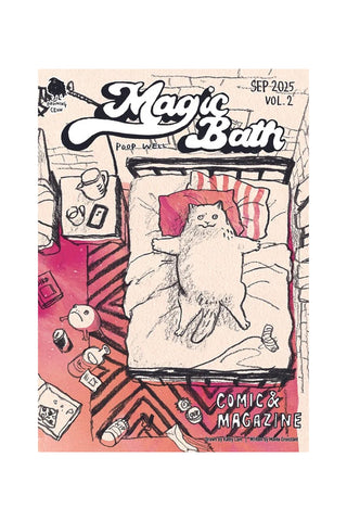 Magic Bath zine volume 2, illustrated cover with a white cat in a bathroom scene